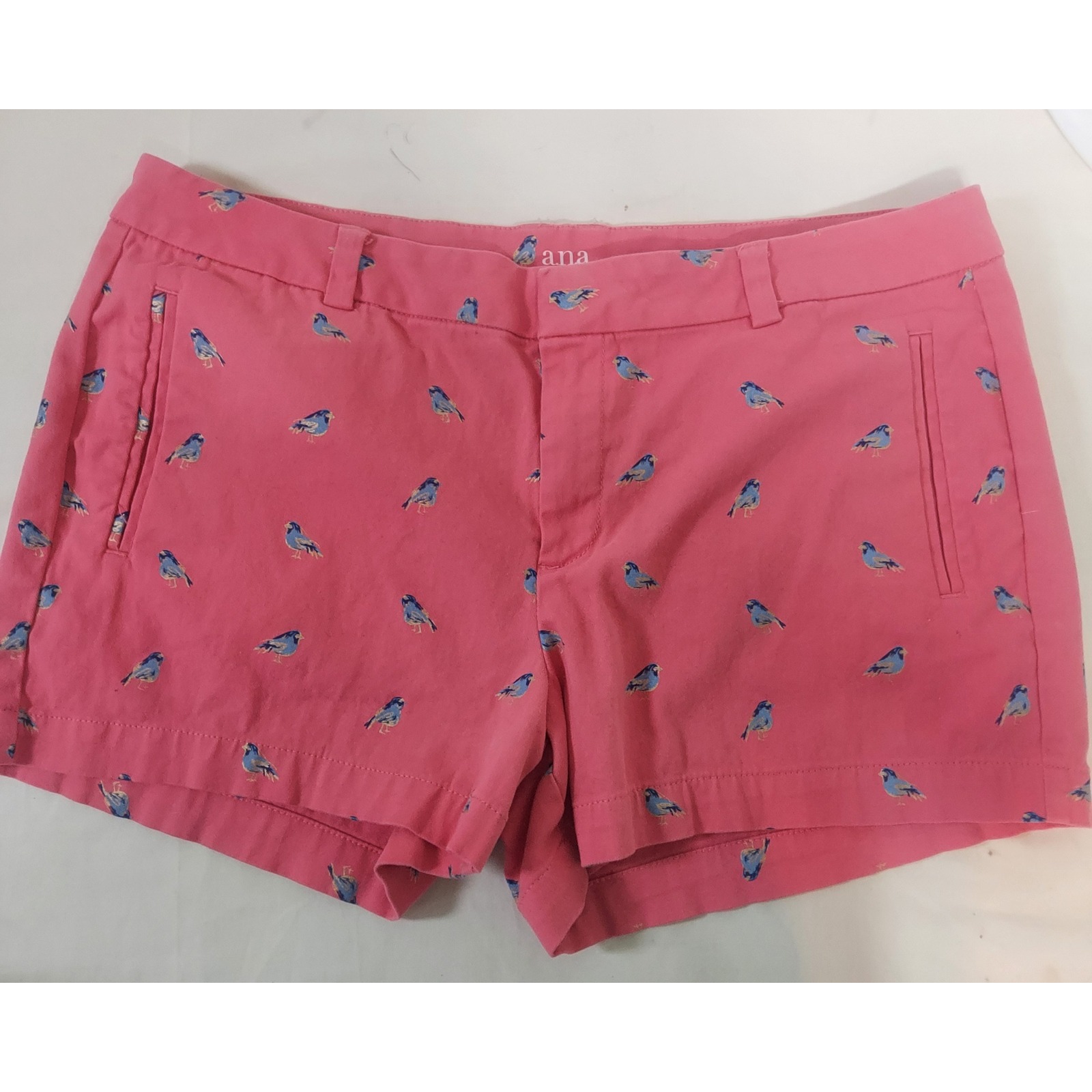 A.N.A Womens Pink Blue Bird Embroidered Twill Shorts Size 14 Cotton Stretch